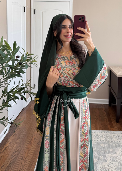 Beige/Olive Green Simple Full Embroidered Thobe