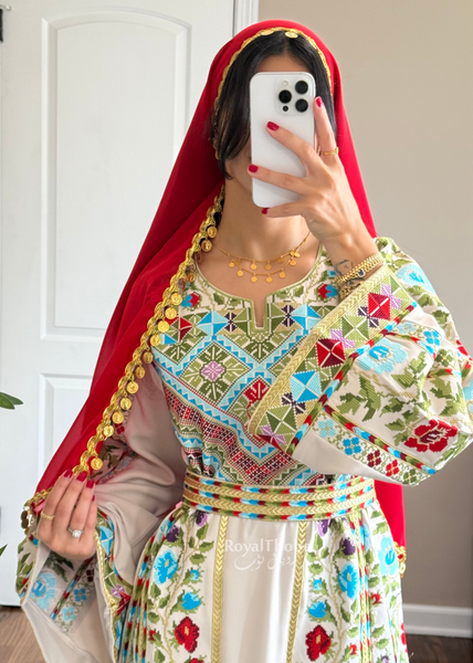 Beige/Cream Colorful Wardeh Kasab Long Full Embroidered Thobe