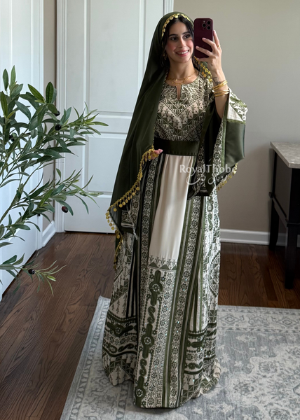 Beige/ Olive Green Malekah Full Embroidered Thobe