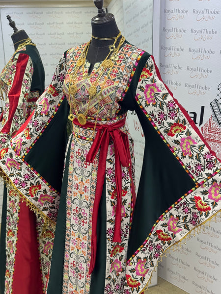 Olive Green & Cream Beige Satin Floral Full Embroidered Thobe with Gold Beaded Fringe Sleeves