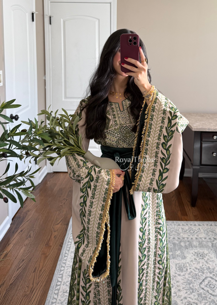 Beige/ Olive Green Zaytona Branches Full Embroidered Thobe With Fringe Sleeves
