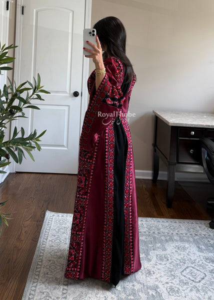 Black/Burgundy Long Full Embroidered Thobe