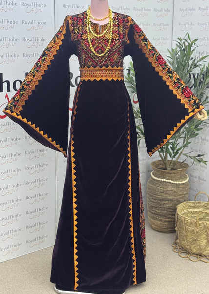 Velvet Brown Simple Floral Long Embroidered Thobe/Dress