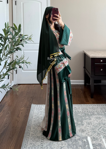 Beige/Olive Green Simple Full Embroidered Thobe