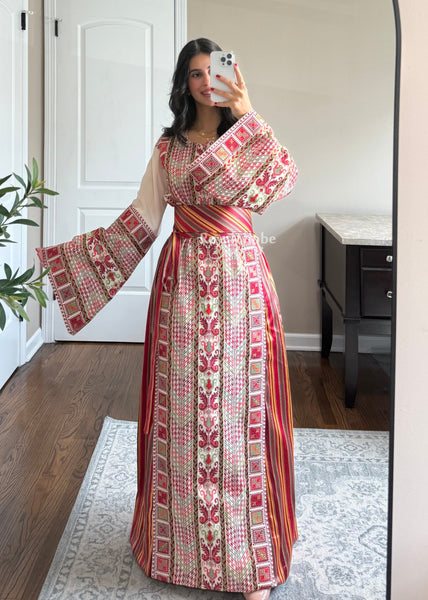 Beige/ Cream Saya Vintage Straight Cut Full Embroidered Thobe