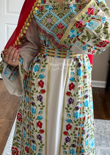 Beige/Cream Colorful Wardeh Kasab Long Full Embroidered Thobe