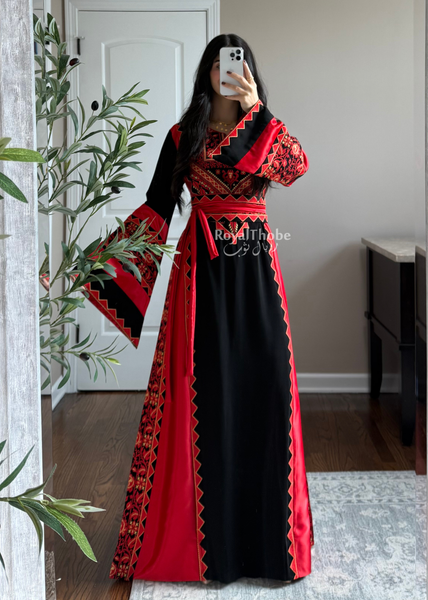 Black/Red Classic Simple Satin Long Full Embroidered Thobe