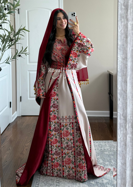 Bridal Beige/Burgundy Warda Full Embroidered Thobe