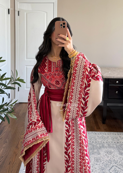 Beige/ Burgundy Zaytona Branches Full Embroidered Thobe