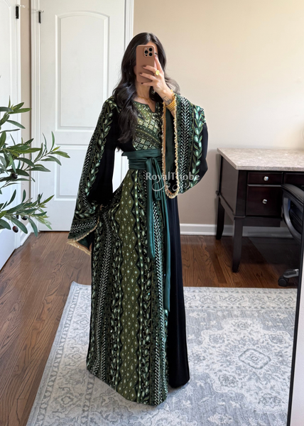 Black/ Olive Green Zaytona Branches Full Embroidered Thobe