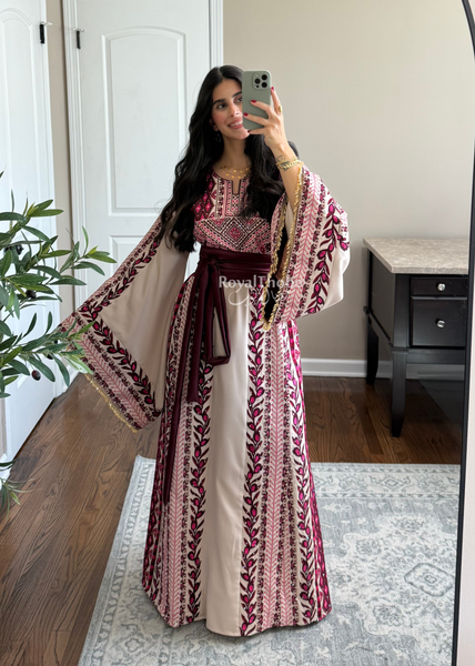 Beige/ Burgundy Zaytona Branches Full Embroidered Thobe