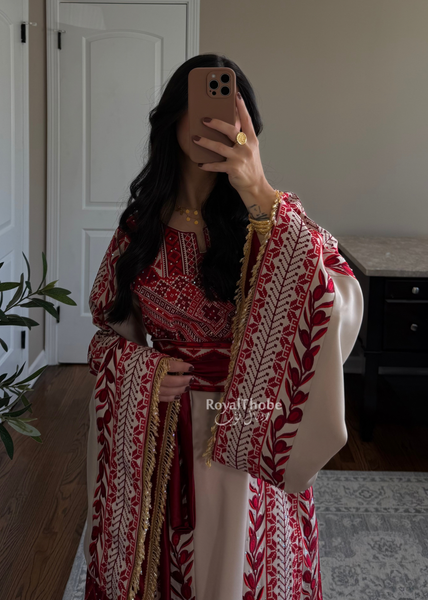 Beige/ Burgundy Zaytona Branches Full Embroidered Thobe