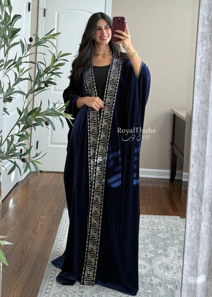 Navy Blue Velvet Kasab Gold Squares Bisht  -Free Size