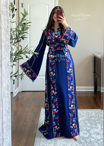 Royal Blue Elegant Floral Full Embroidered Thobe