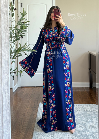 Royal Blue Elegant Floral Full Embroidered Thobe