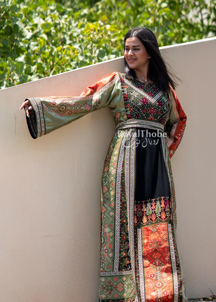 Black Orange & Olive Green Maleka Long Full Embroidered Thobe
