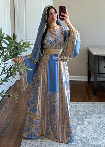 Blue /Gold Flower Malekah Full Embroidered Thobe