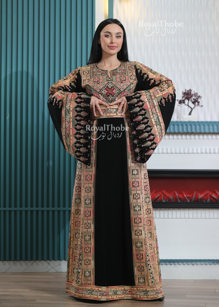 Black/Gold Elegant Long Full Embroidered Thobe