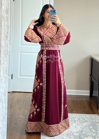 Burgundy Simple Dimond Full Embroidered Thobe