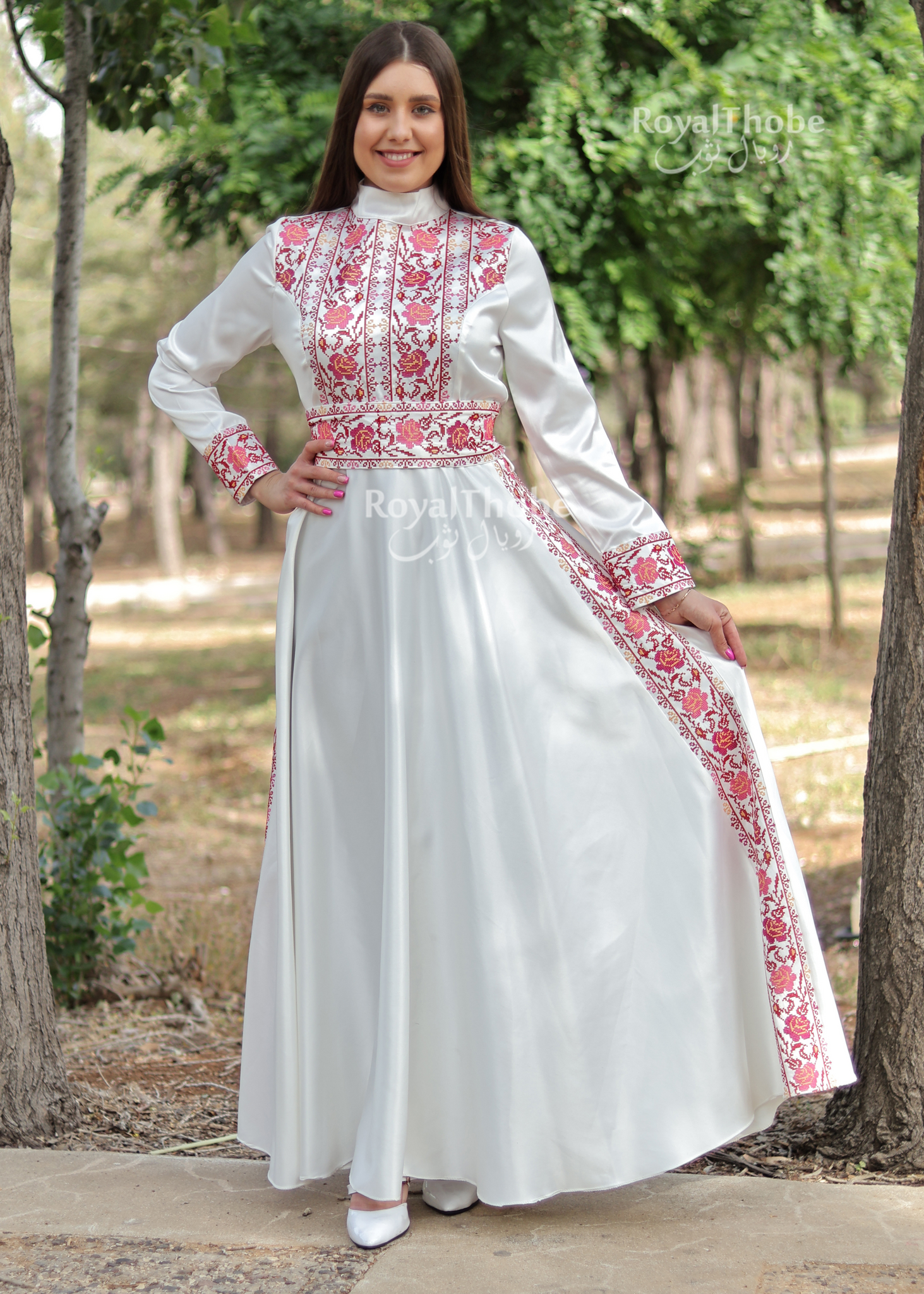 White/Red Satin Turtleneck Modern Long Embroidered Dress