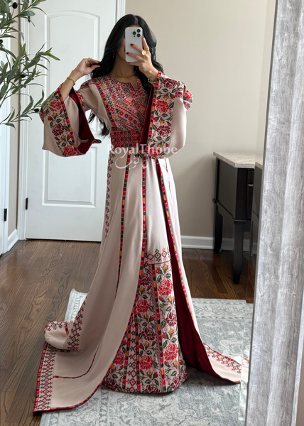 Bridal Beige/Burgundy Warda Full Embroidered Thobe