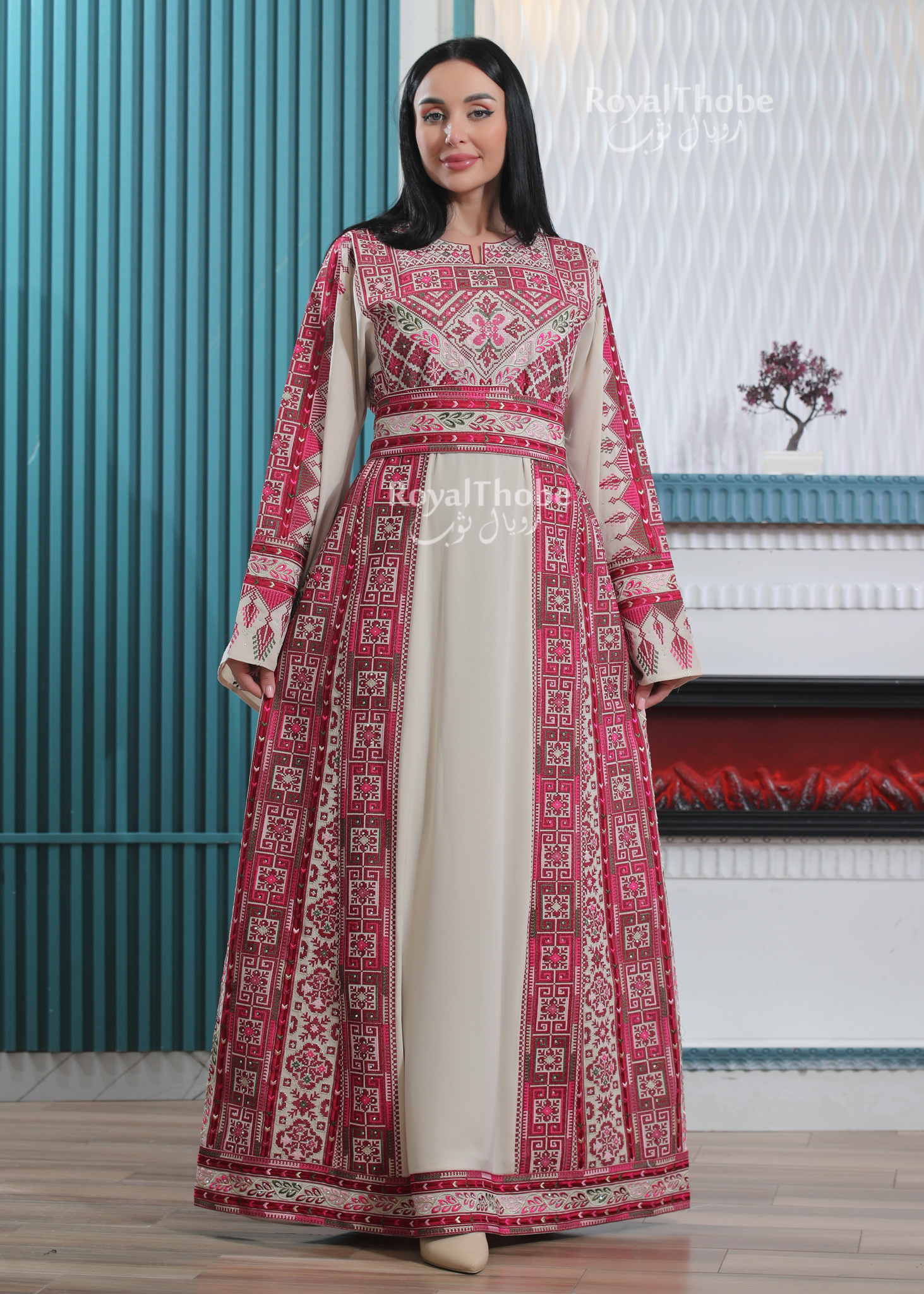 Beige/Burgundy Elegant Long Full Embroidered Thobe