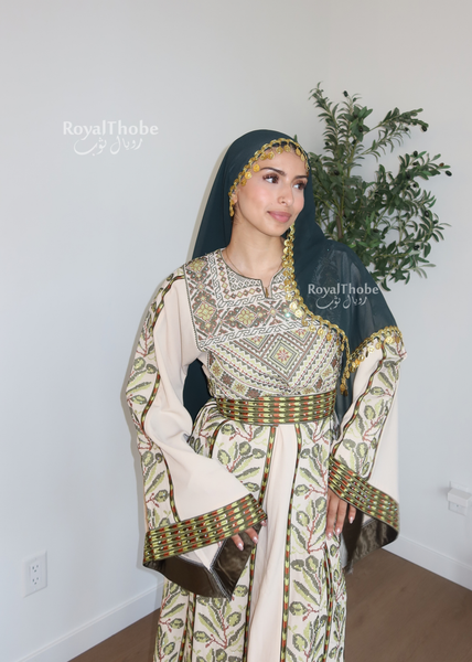 Beige/ Green & Brown Olive Branches Long Full Embroidered Thobe.