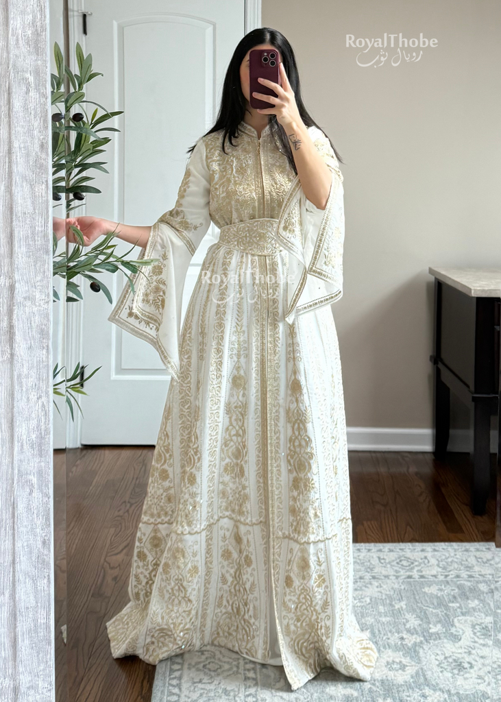 White/Gold Bridal Kasab Moroccan Style Full Embroidered Kaftan White/Gold Bridal Kasab Moroccan Style Full Embroidered Kaftan