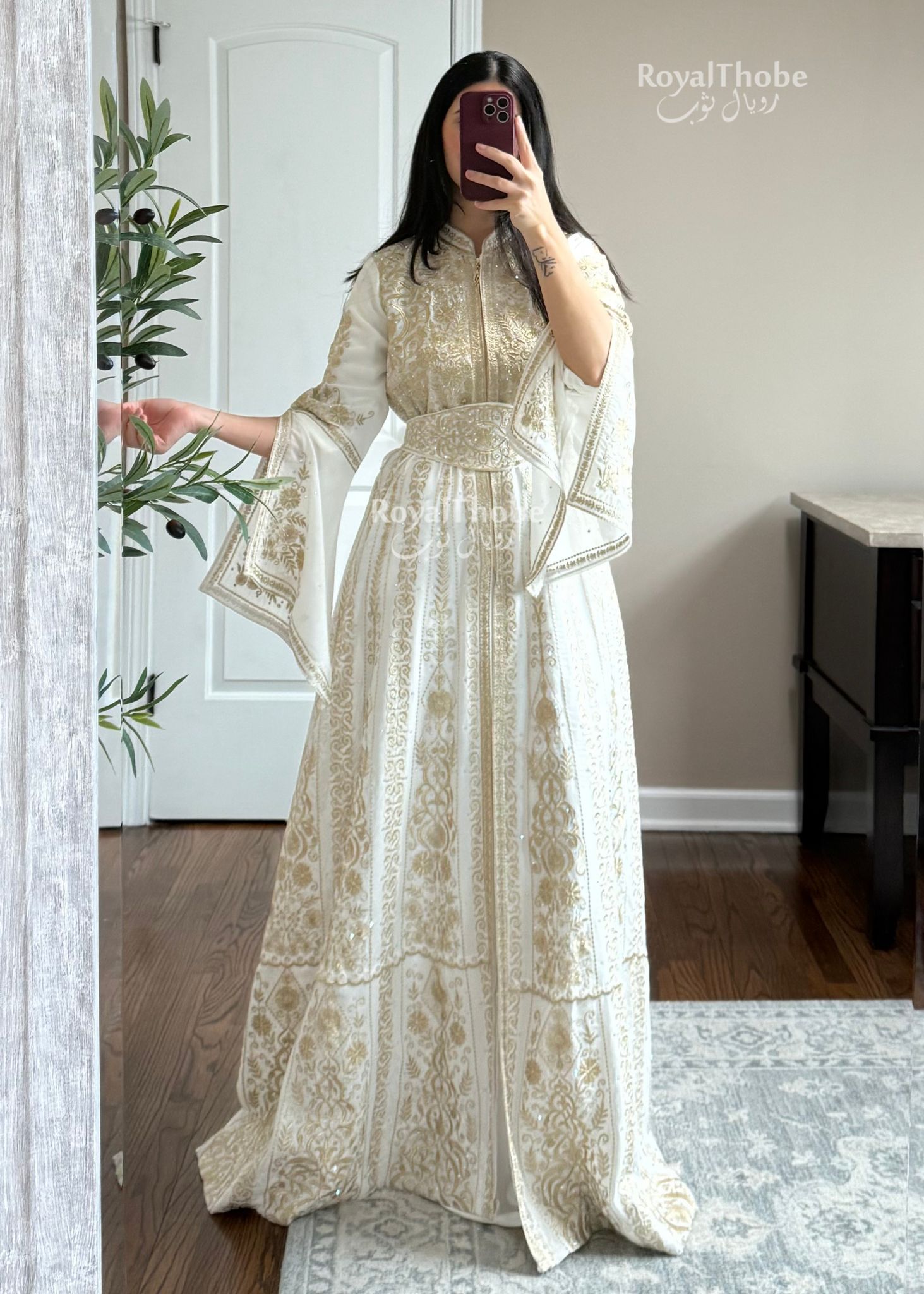 white and gold moroccan dress White Moroccan Two-Piece Takchita | Tonal Golden Embroidery