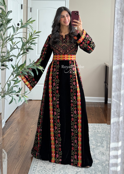 Velvet Black Floral Manajel Long Fully Embroidered Thobe