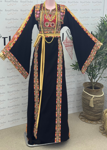 Black / Gold Manajel Mini Flowers Long Full Embroidered Thobe