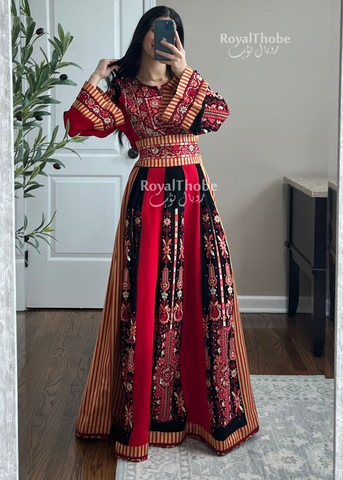 Black/Red Flare Maleka With Red Saya Fabric Long Full Embroidered Thobe