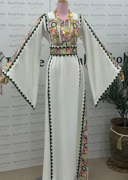 White/ Olive Green Simple Floral Long Embroidered Thobe