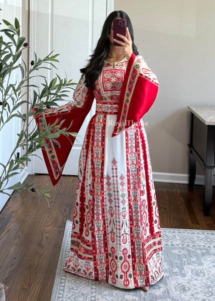 White/ Red Satin Maleka Kasab Full Embroidered Thobe