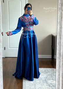 Royal Blue Satin Turtleneck Modern Long Embroidered Dress