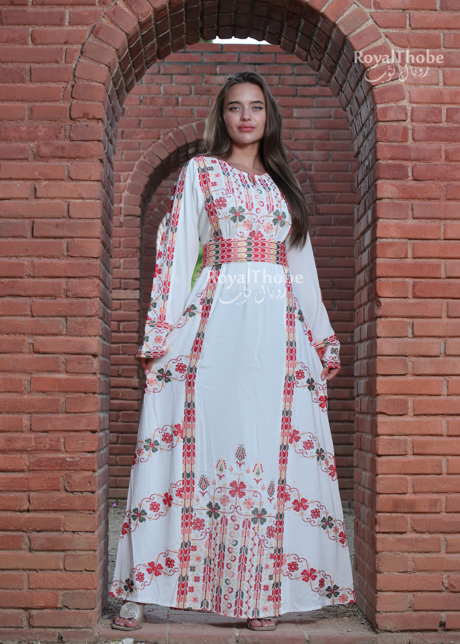 White/Red Simple Flower Long Full Embroidered Thobe