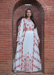 White/Red Simple Flower Long Full Embroidered Thobe