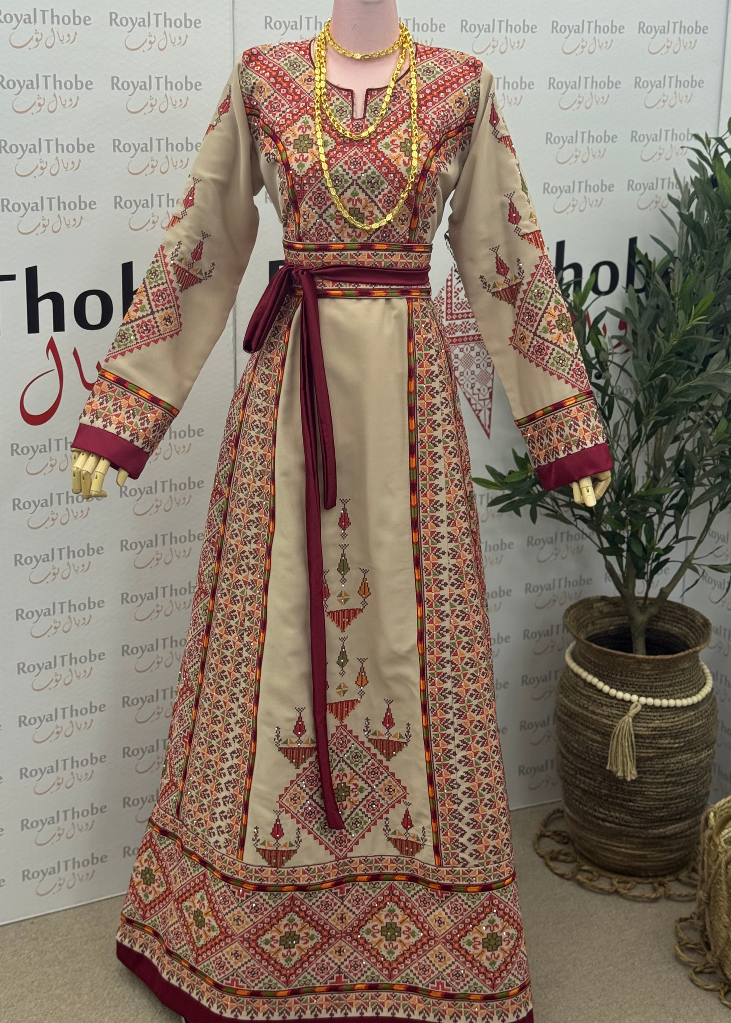 Beige / Burgundy Sahem Long Full Embroidered Thobe