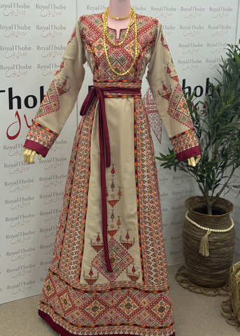 Beige / Burgundy Sahem Long Full Embroidered Thobe