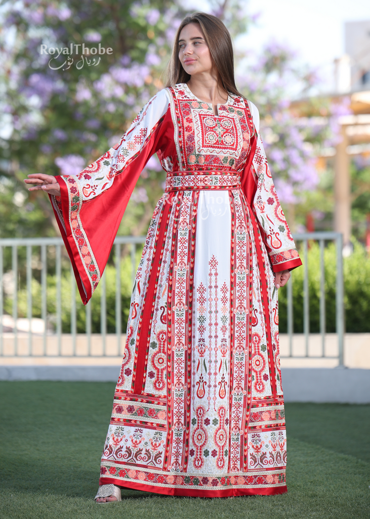 White/Red Flower Maleka Full Embroidered Thobe With Red Satin Reversib White/Red Flower Maleka Full Embroidered Thobe With Red Satin Reversib