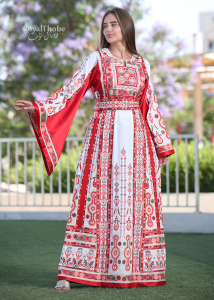 White/Red Flower Maleka Full Embroidered Thobe With Red Satin Reversible Belt