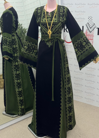 Black /Olive Green Simple Satin Long Full Embroidered Thobe