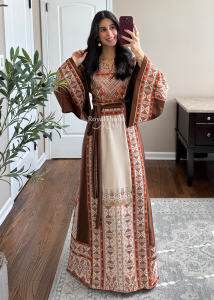 Beige/Brown Triangle Full Embroidered Thobe