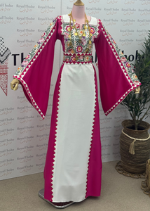 White/ Pink Floral Satin Long Full Embroidered Thobe