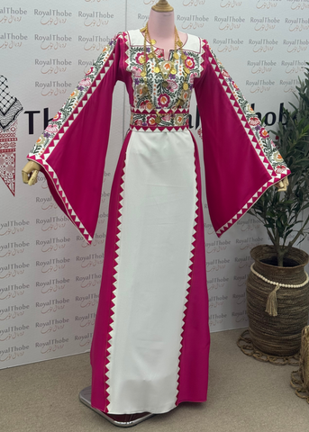White/ Pink Floral Satin Long Full Embroidered Thobe