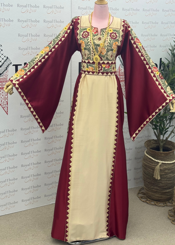 Beige / Burgundy Floral Satin Long Full Embroidered Thobe