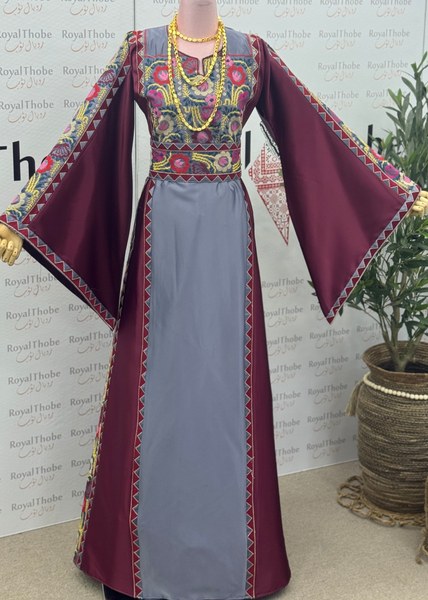 Gray/Burgundy Simple Floral Satin Long Full Embroidered Thobe/Dress