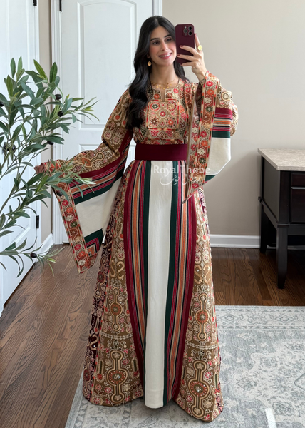 Cream Floral Majdlawe Maleka Long Full Embroidered Thobe