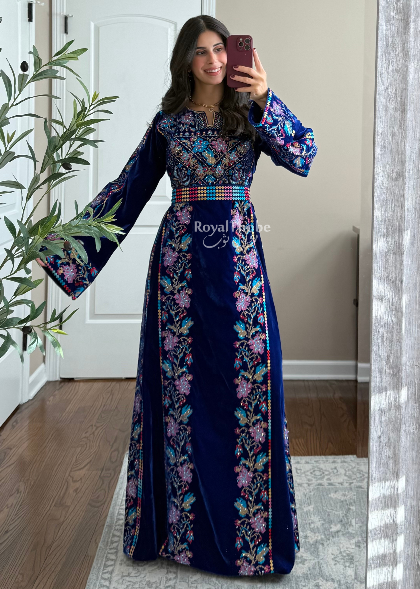 Colorfull Thobe Velvet Royal Blue Floral Long Fully Embroidered Thobe