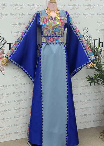 Light Blue/Royal Blue Floral Satin Long Full Embroidered Thobe